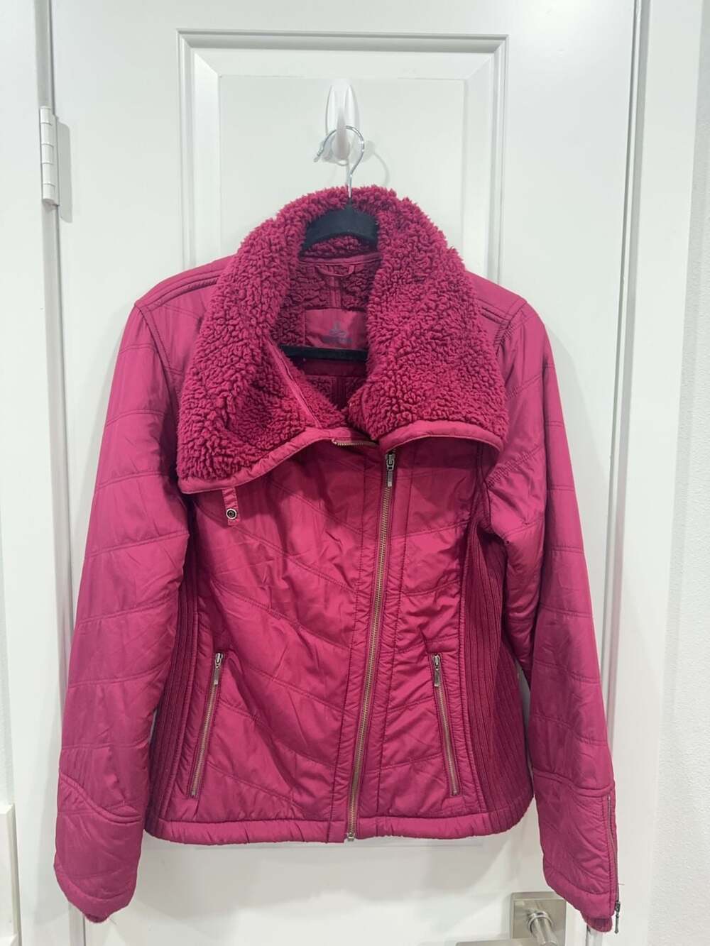 Prana Women's Quilted Moto Jacket with Sherpa Collar Pink